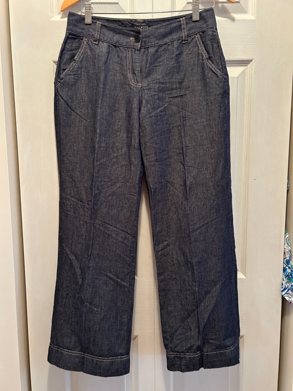 Talbots Dark Indigo blue navy signature flare cotton linen pants 4p